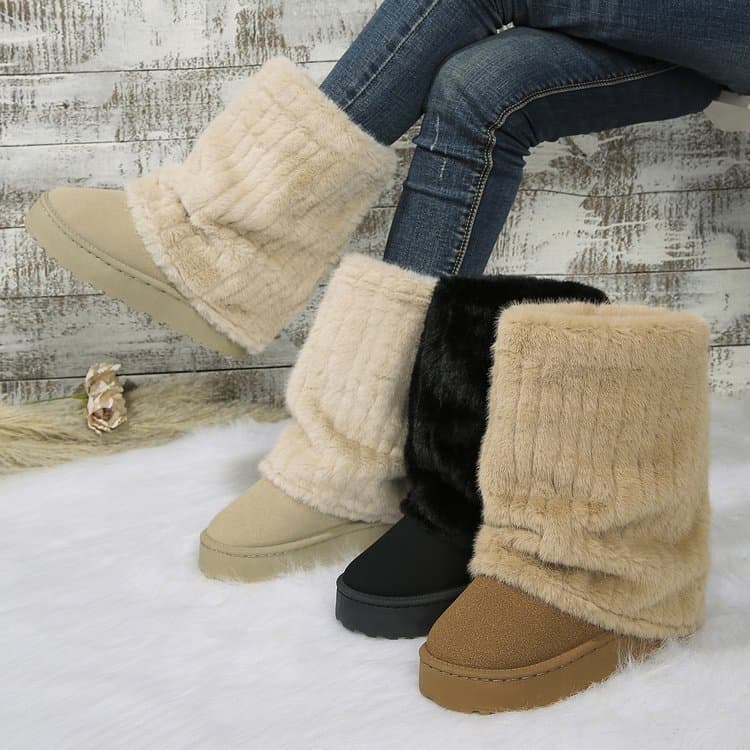 Senhoras botas de neve de inverno pele Artificial Flip-On sapato com nervuras camurça de pelúcia plataforma superior Ped