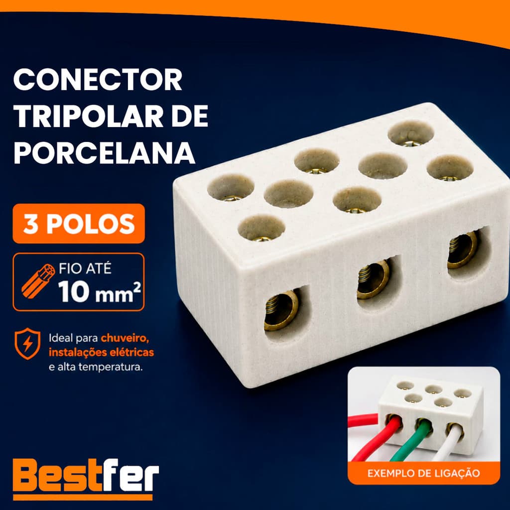 Conector Porcelana Tripolar Bestfer 10mm 3 Polos Chuveiro Torneira Elétrica Eletrica Bornes Emenda
