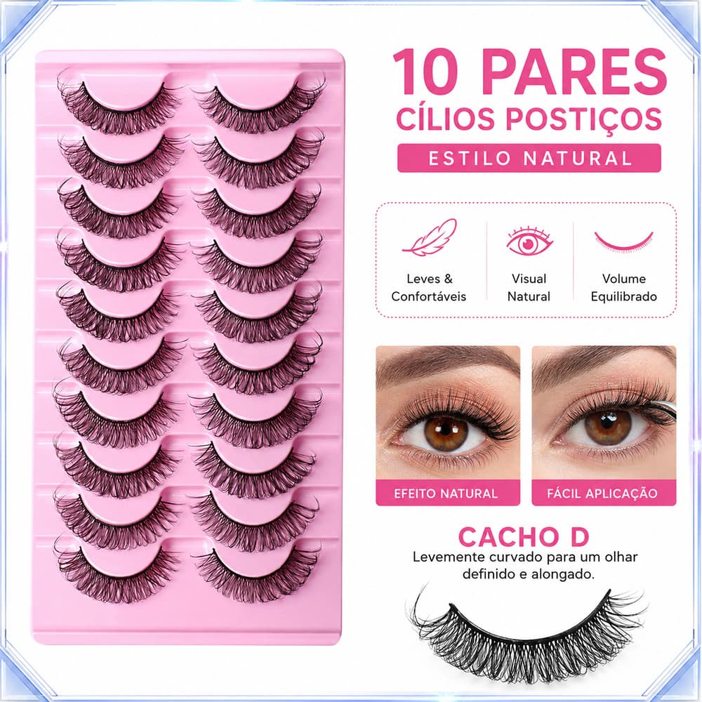 Conjunto de 10 pares de cílios postiços, Modelo fino, em tiras, efeito natural, curvatura tipo D, ideais para iniciantes