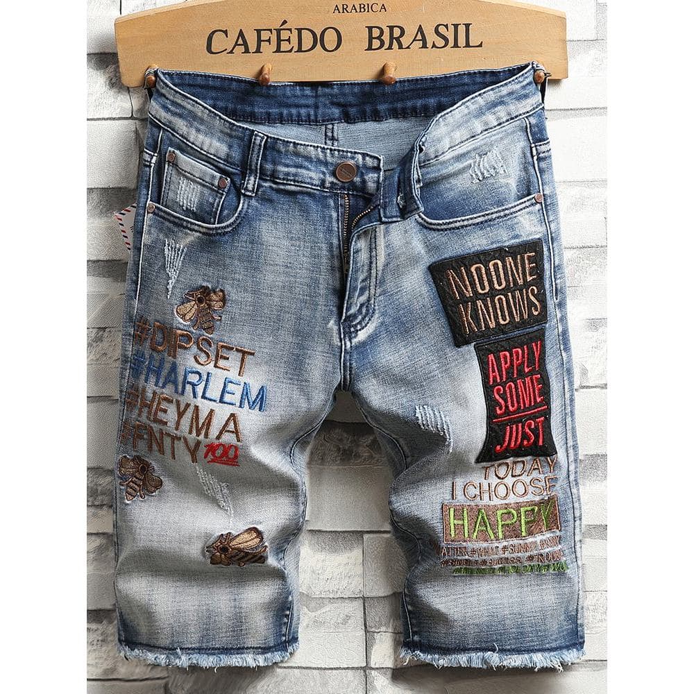 2026 novo estilo Shorts jeans masculinos verão estilo fino bordado Street Wear rasgado verão cinco pontos calças cortada
