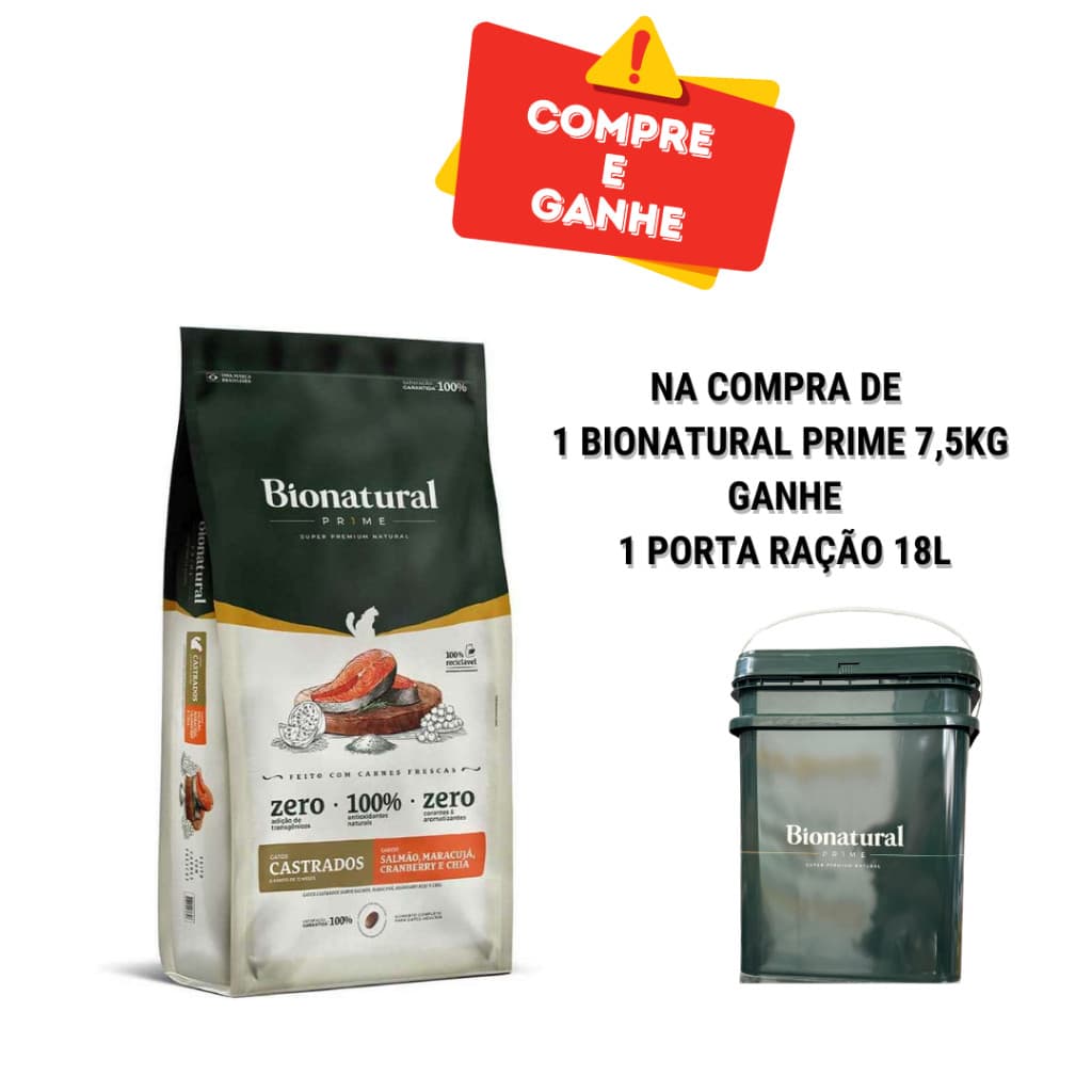 Kit Ração Seca Bionatural Prime Salmão para Gatos Castrados 7,5kg + Porta Ração 18L