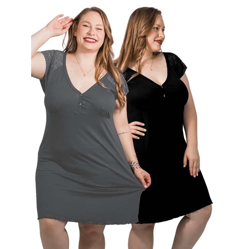 Kit com 2 Camisolas Plus Size Confortável Viscose Renda Vestido Camiseta Amamentação Maternidade
