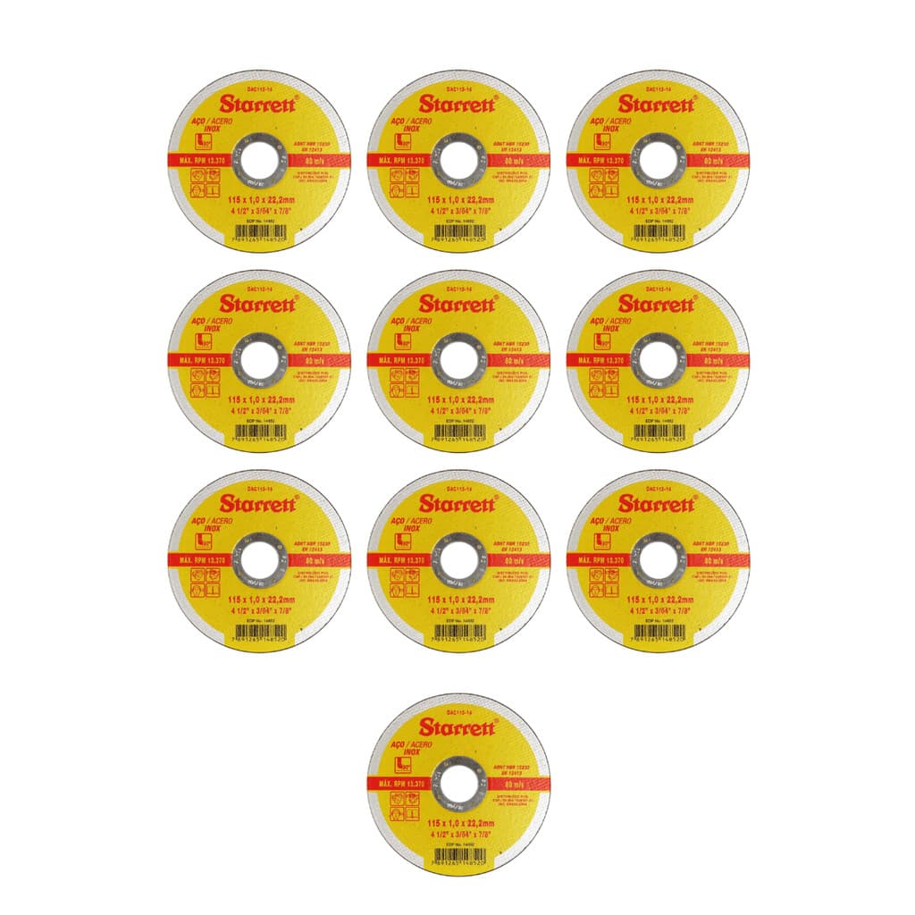 Kit 10 Disco Abrasivo Corte Aço Inox 7.0' 1.6x22 7/8 Starret