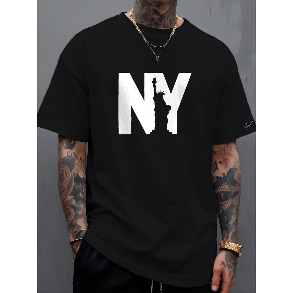 Camiseta Masculina Básica 100% Algodão Manga Curta Casual Confortavel Preta Nova York