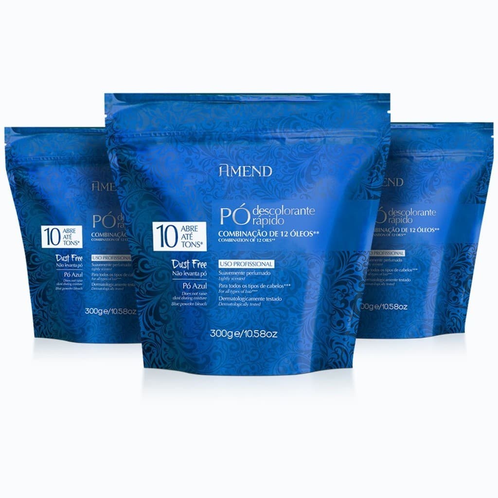 kit com 3 Pó Descolorante Rápido 12 Óleos Abre Até 10 Tons Amend - 300g Azul