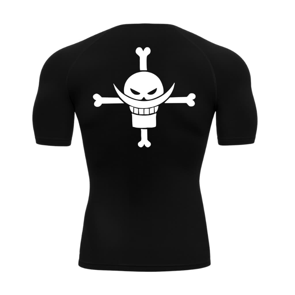 Camiseta Compressão Manga Curta Anime One Piece Caveira Bando Barba Branca Rash Guard