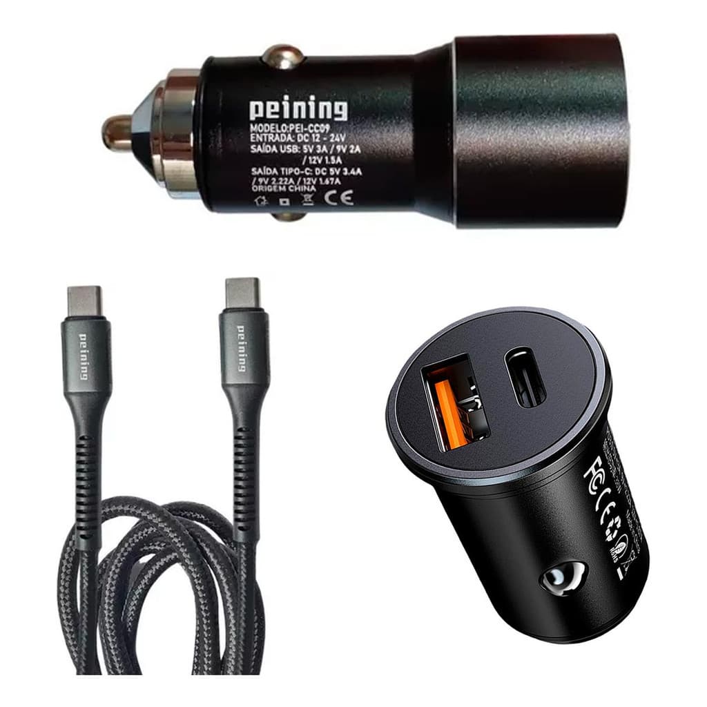 Kit Carregador Veicular + Cabo Turbo 38w Usb, Tipo-c, Lightning