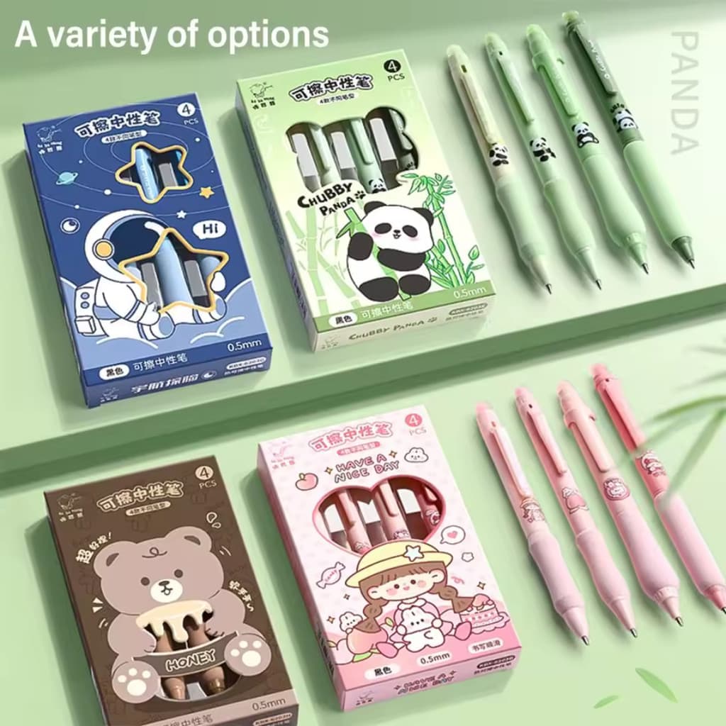 Kit 4 Canetas Gel Apagáveis 0.5mm Kawaii Ursinho Menininha Astronauta