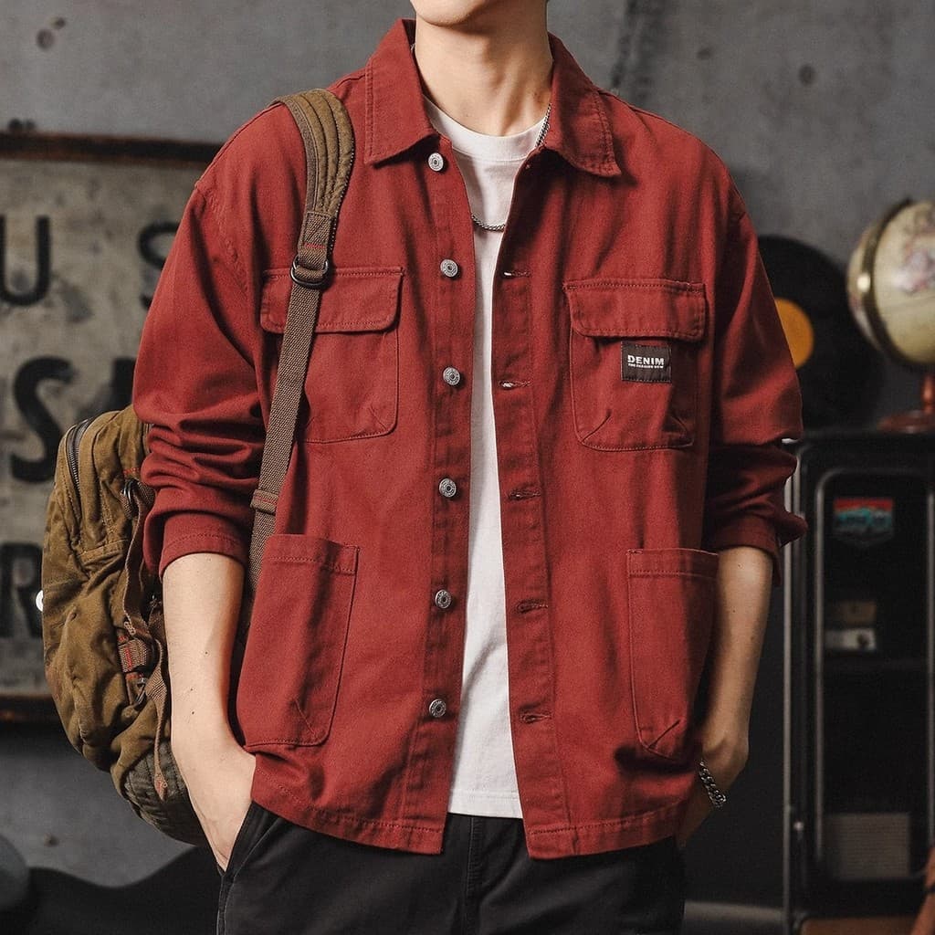 Jaqueta jeans retrô masculina 2025 novo estilo estilo americano pesado casual lapela jaqueta Cargo caçador camisa casual