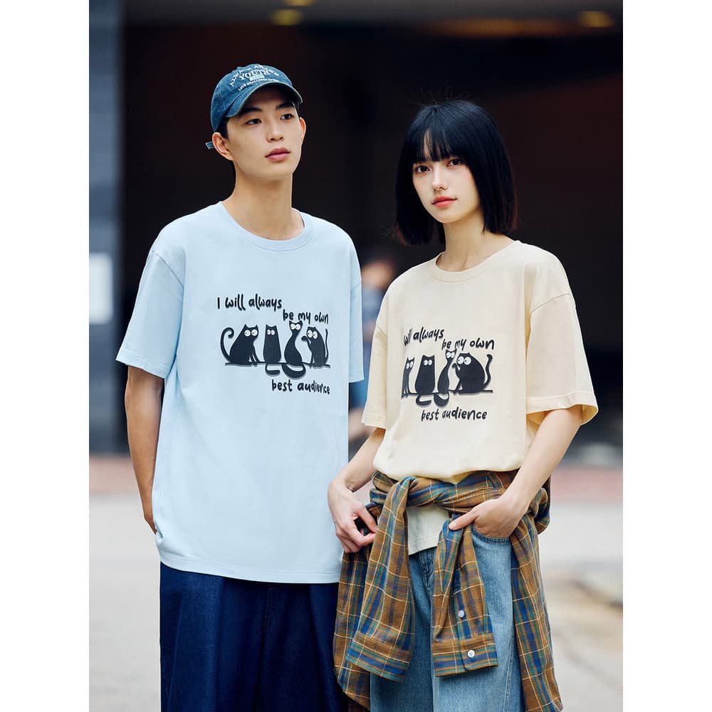 PSO Marca Roupas Femininas Masculinas 230g Fio Duplo Malha Pequeno Gato Preto Sombra Camiseta de Manga Curta Verão Meia