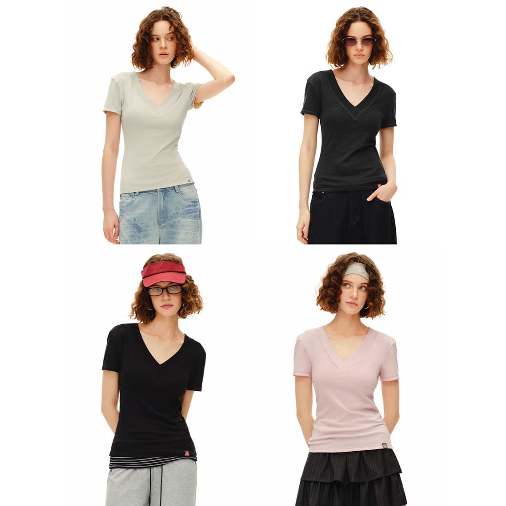 P PSO Marca Feminina Stretch Com Decote Em V Slim-Fit Ombro Manga Curta Camiseta Feminina Estreita