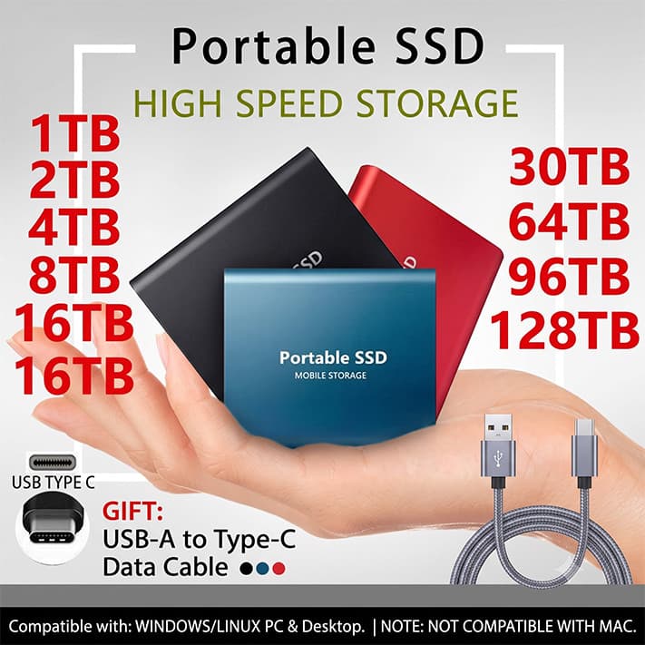 Original  HD Externo De 1TB A 128TB Portable HDD USB3.1 Tipo-C Interface Disco Rígido Externo
