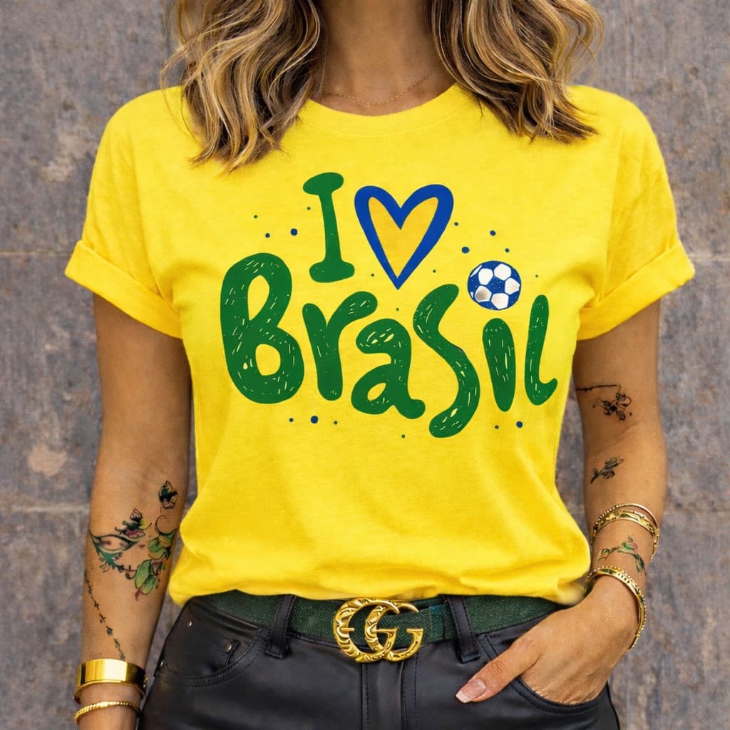 Camiseta Feminina Brasil Copa do Mundo I Love Brasil Blusa Seleção Brasileira Casual Torcedor Futebol