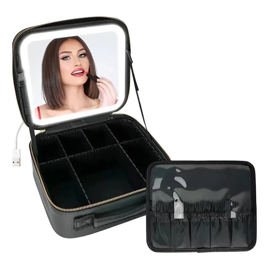 Bolsa De Cosméticos Portátil P/ Viagem Com Luz E Espelho