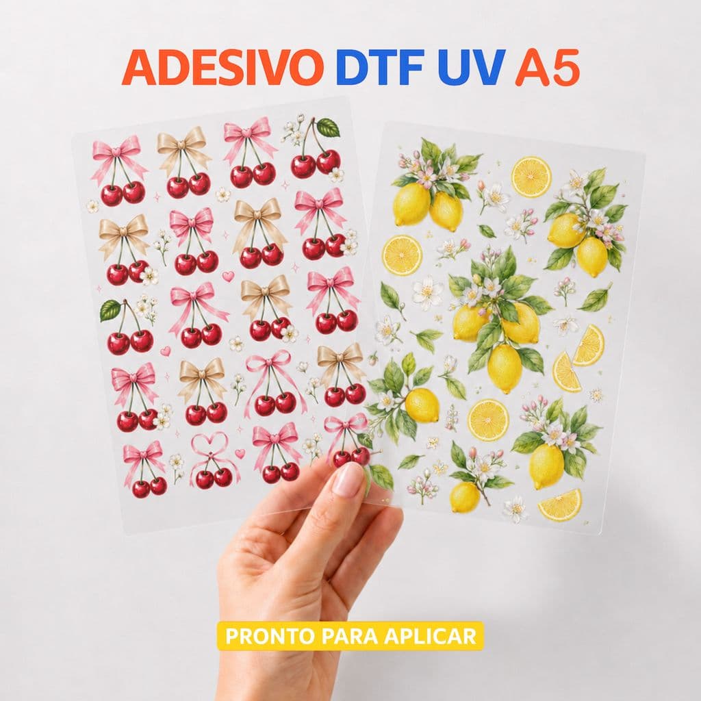 Cartela de Adesivos DTF UV A5 Temas Variados – Para Canecas, Copos, Personalizados e Presentes