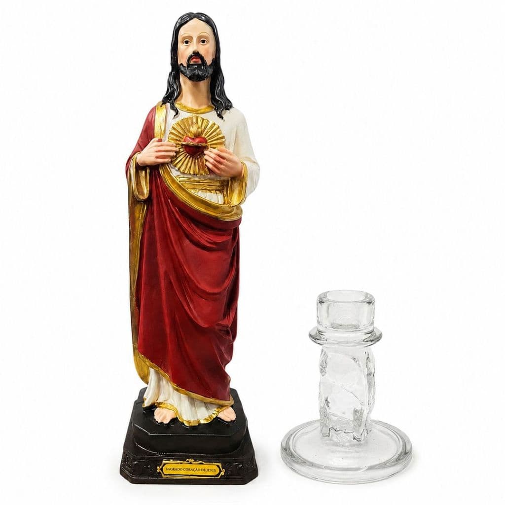 Kit Religioso Sagrado Coração de Jesus + Castiçal Suporte Porta Vela 10 cm Católico Devocional Decorativo