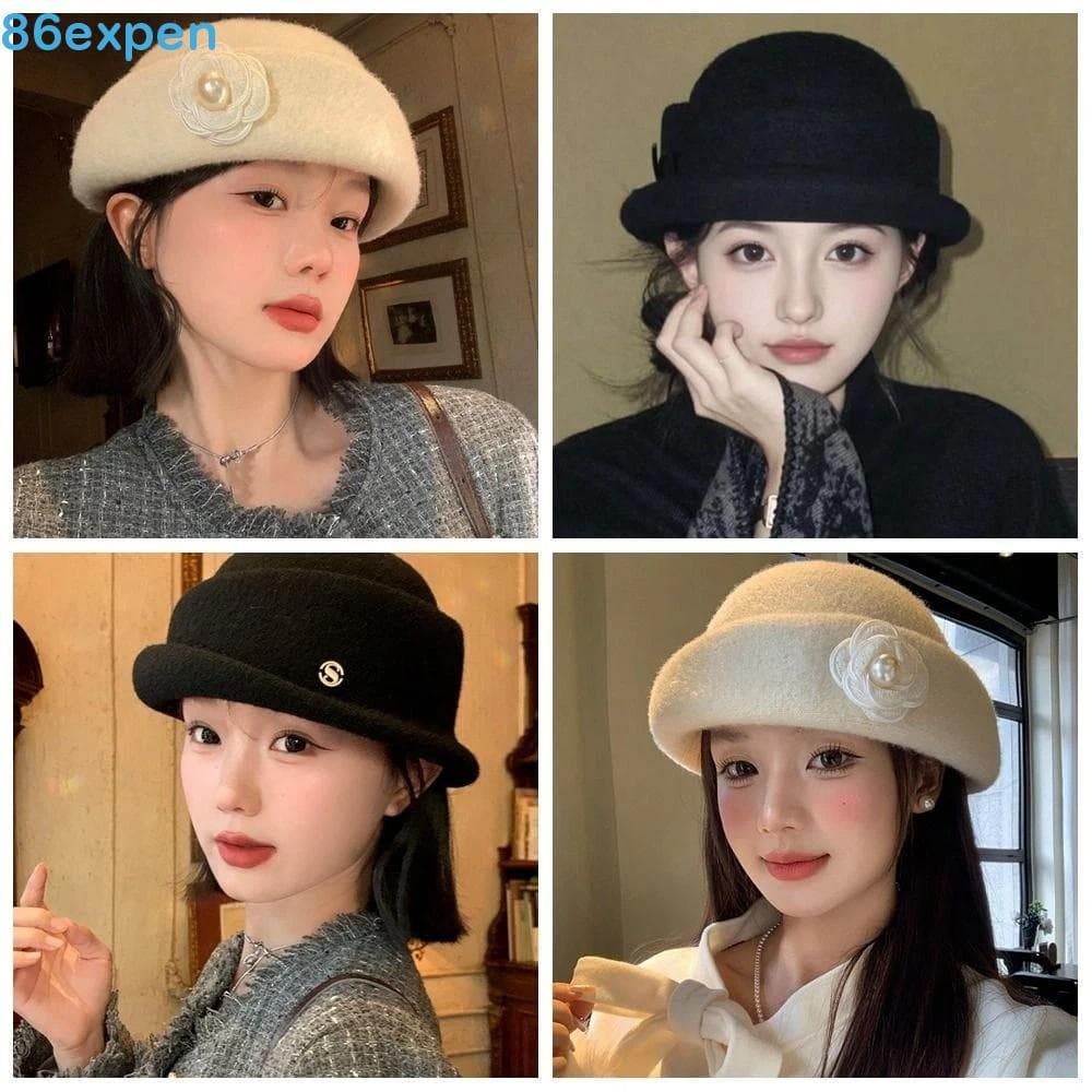EXPEN1 Chapéu Topper Estilo Hepburn , Balde De Lã Francês Pérola , Arco Cor Pura Elegante Formal Feminino