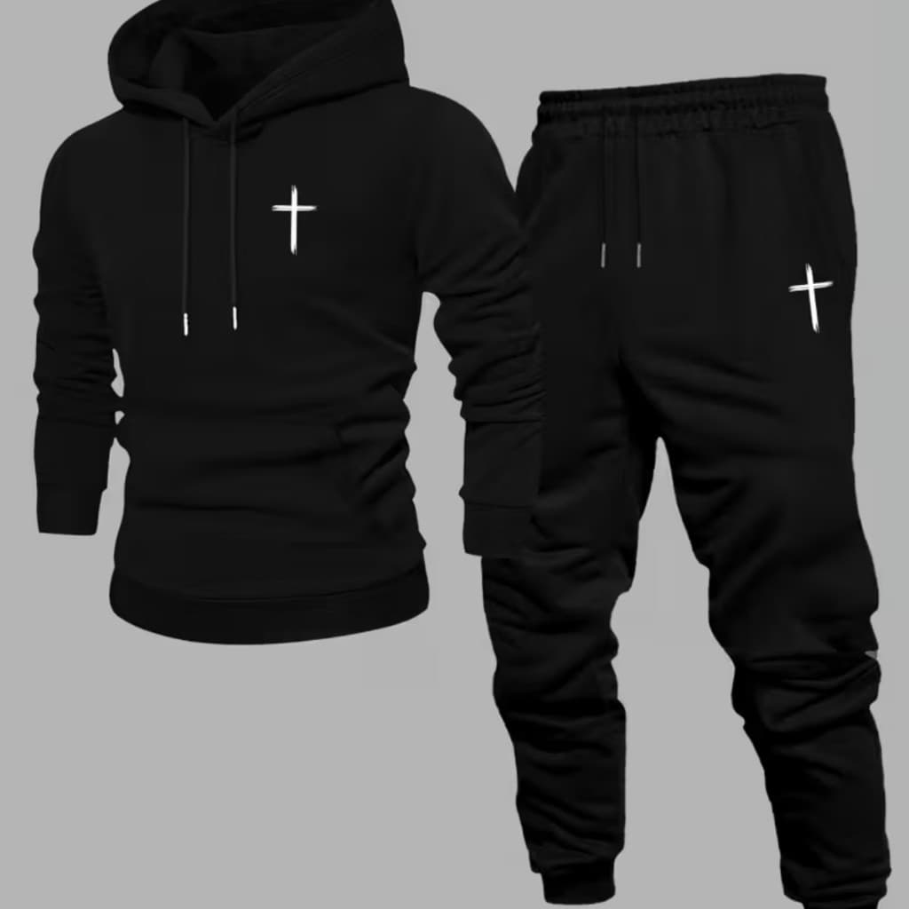 Conjunto Religioso Moletom e Calça Kit Blusa de Frio Cruz Minimalista Estiloso Moderno Streetwear