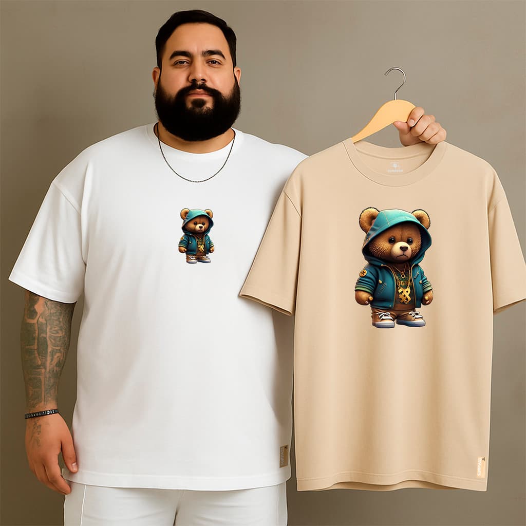 Kit 2 camiseta plus size masculina estampada g5 urso capuz