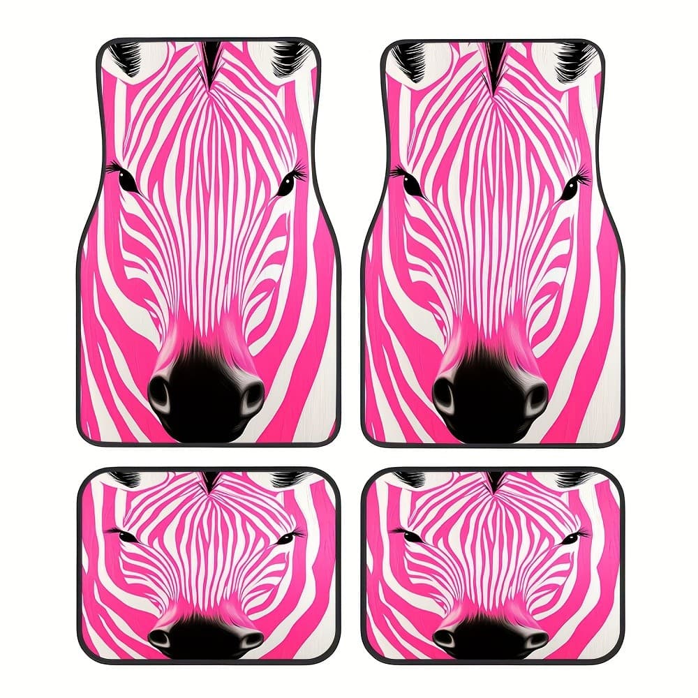 Conjunto de 4 peças, tapete de carro com padrão Zebra listrado rosa branco da moda criativa, tapete Universal, tapete de