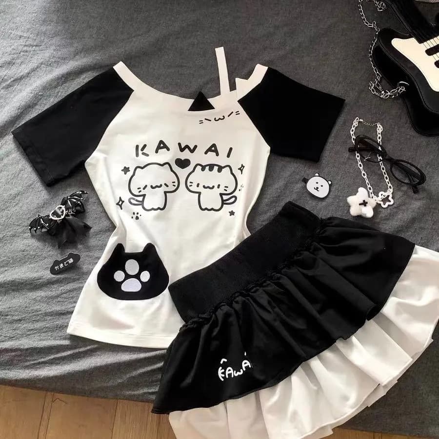 Camiseta Feminina de Manga Curta Off-Shoulder Anime Yazhai Is Cute Y2k Spicy Girl, Top de Verão 4681 123