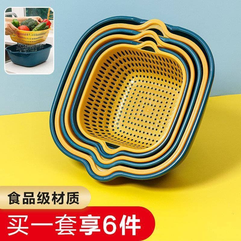 Cesta de frutas dreno conjunto de 4 peças dupla camada oco vegetal lavatório cesta armazenamento de cozinha multifuncion