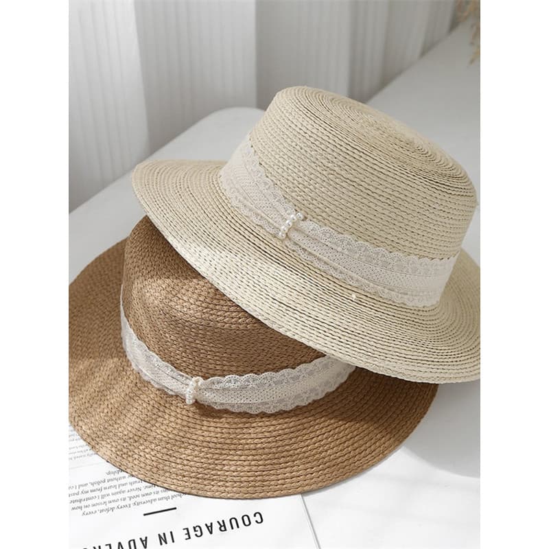 Chapéu de palha feminino versão coreana chapéu superior plano Casual verão chapéu de sol feminino viagem ao ar livre ren