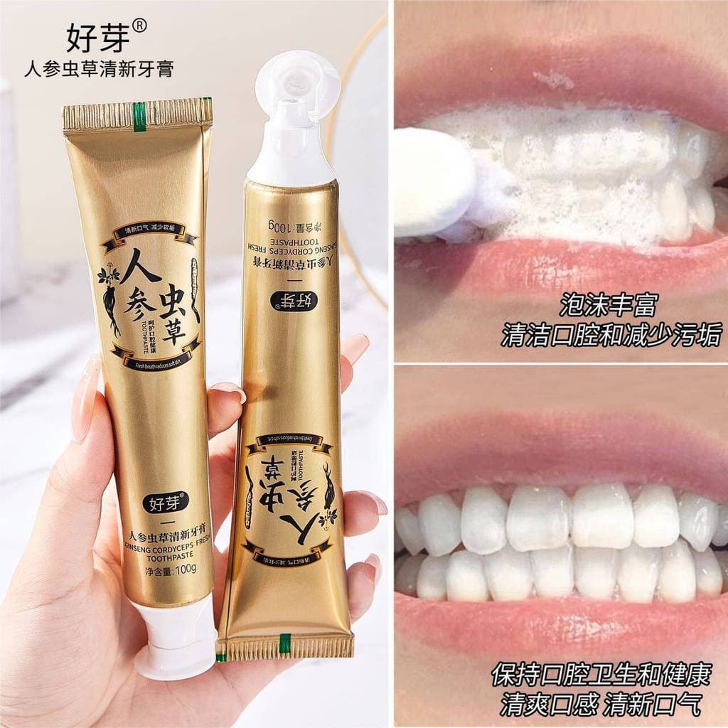Ginseng Cordyceps Pasta de dente fresca Remove amarelo hálito fresco protege os dentes melhora o Odor Pasta de dente Ant