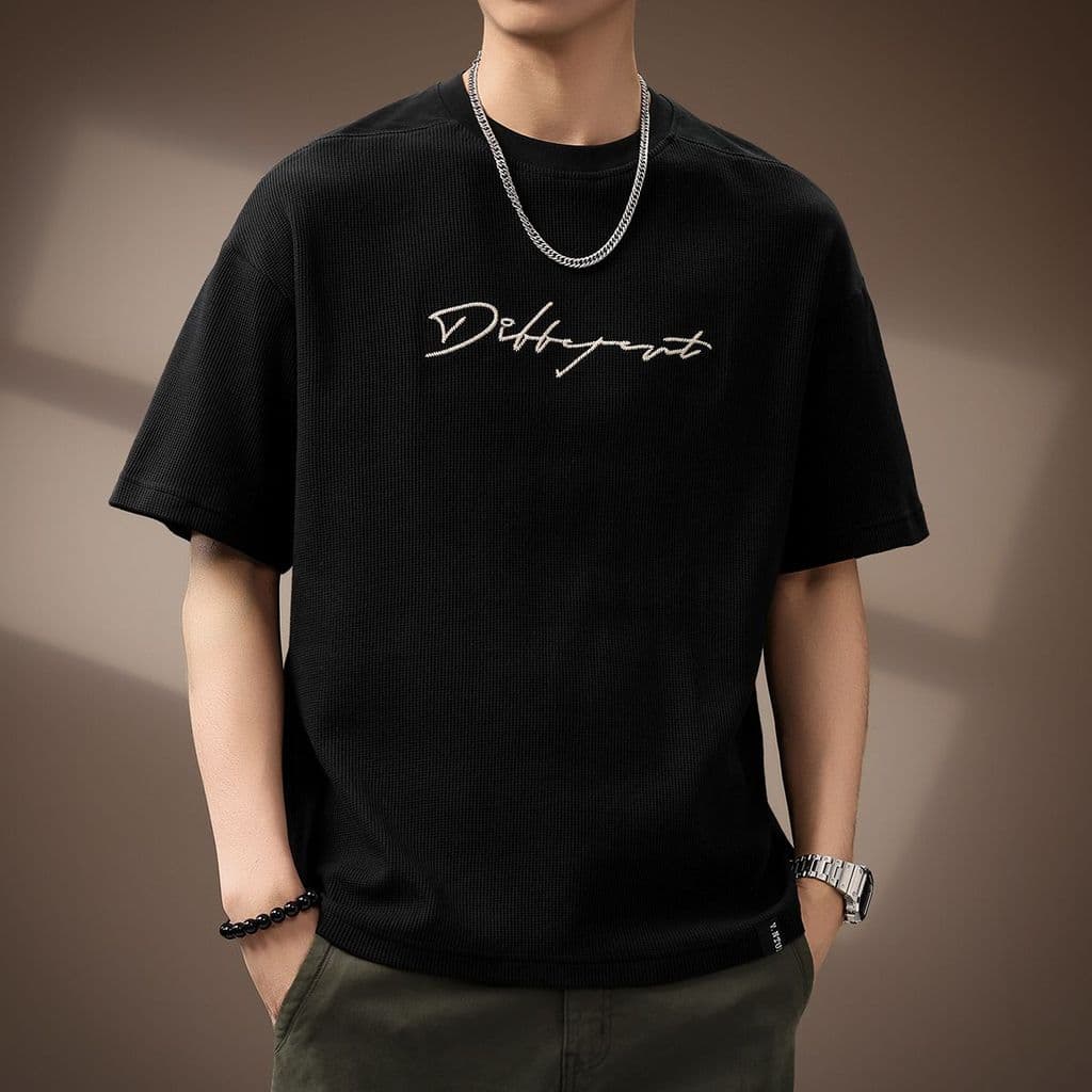 Camiseta masculina de manga curta preta com textura de alta qualidade verão solta gola redonda meio
