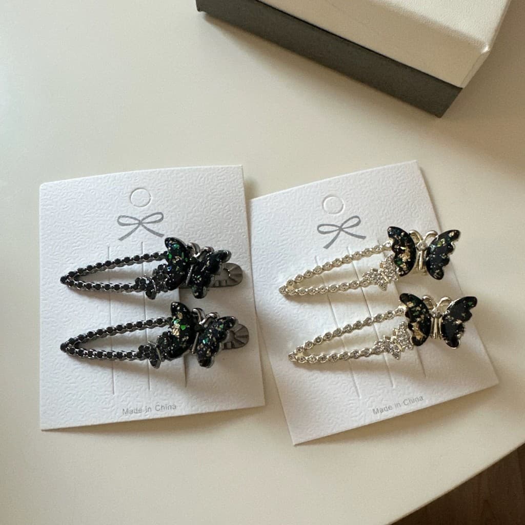 [Estoque pronto] Grampo de cabelo de strass borboleta Premium feminino novo estilo franja lateral clipe plano luz luxo m