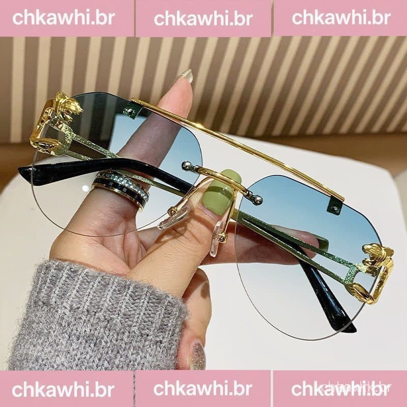 Óculos De Sol Quadrados Sem Borda Para Homens E Mulheres Retro Leopard Head Metal Sunglasses Shades