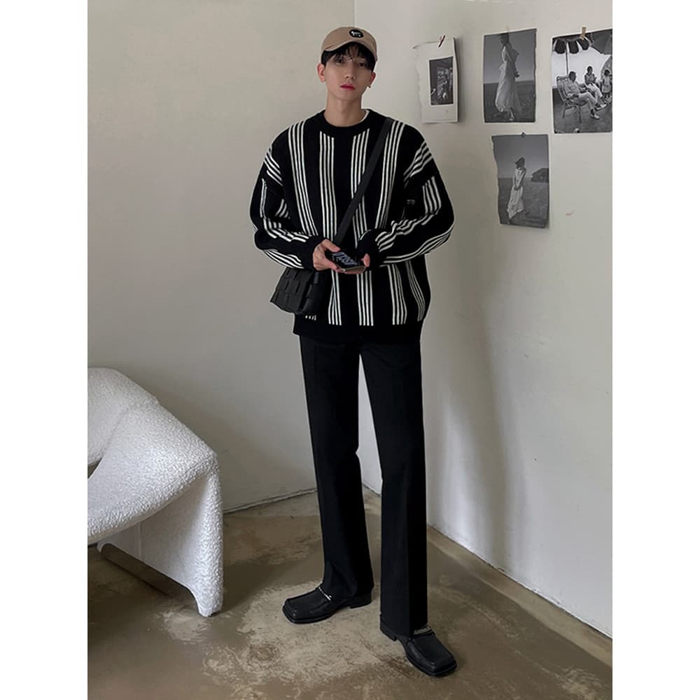 MRCYC Suéter listrado de manga comprida masculino outono inverno estilo coreano solto estilo preguiçoso pulôver grosso S