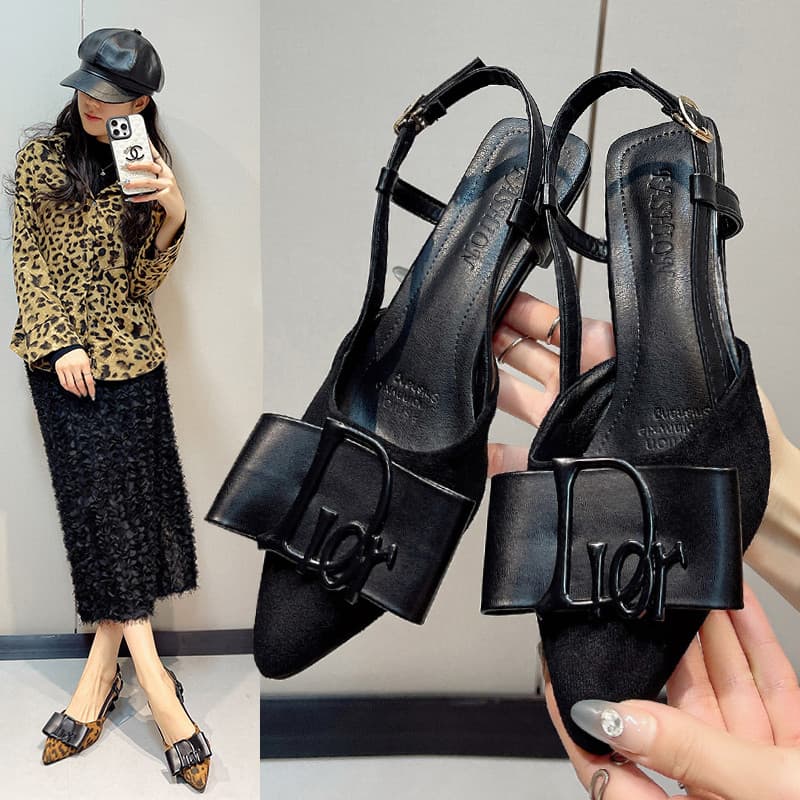 Estilo francês preto apontou Toe Stiletto sandálias femininas 2026 verão uma linha cinta volta vazio fivela de Metal mai