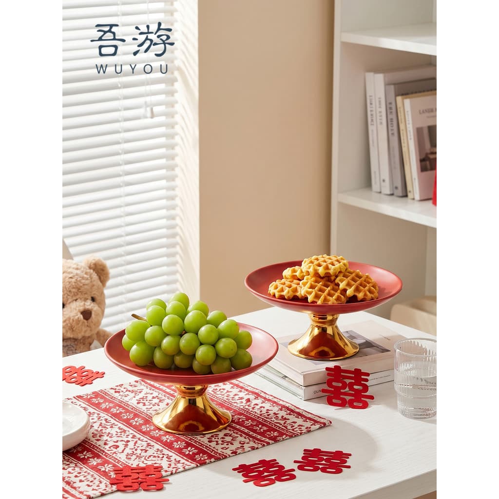 Wuyou placa de frutas secas de cerâmica vermelha de pés altos para casamento, prato de refresco festivo chinês, placa de