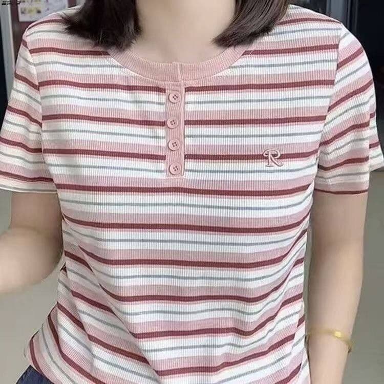 2026 verão novo estilo moda em torno do pescoço listrado de manga curta camiseta feminina solta mais magro olhar All-Mat