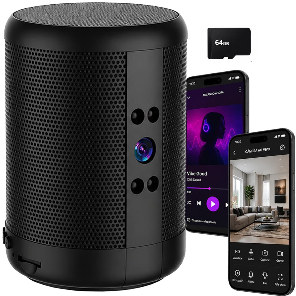 Mini Camera de Segurança Wi-Fi Escondida em Formato de Caixa de Som Bluetooth Full Hd + Cartão 64gb