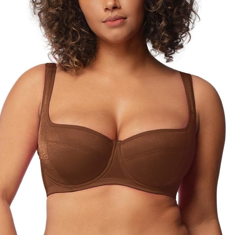 Sutiã plus size, tecido brilhante e lustroso, alças largas com acolchoamento, suporte lateral elevado, cobertura lateral
