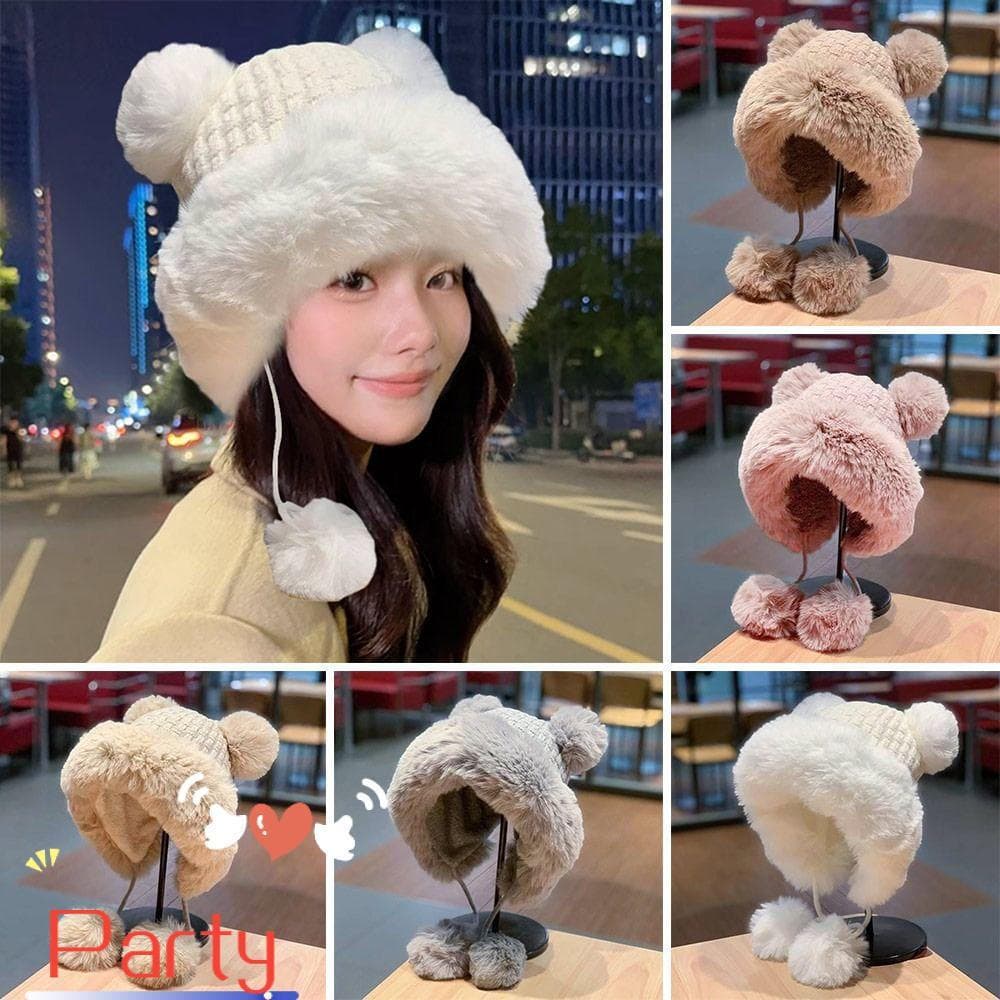 Chapéu De Inverno Para Festa , Boné De Pelúcia Fofo E Espesso , Bomber Quente Kawaii Com Orelha De Urso De Veludo Mulher