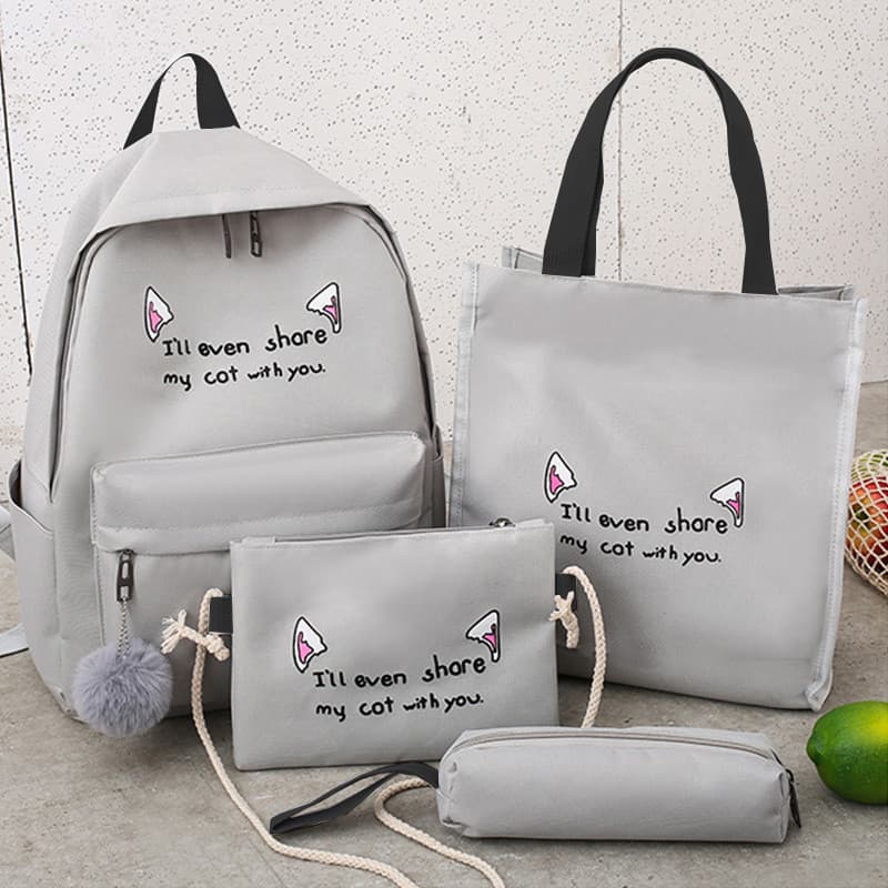 Conjunto de quatro peças de mochila escolar de estudante/mochila com orelha de gato/mochila fofa/bolsa de lona