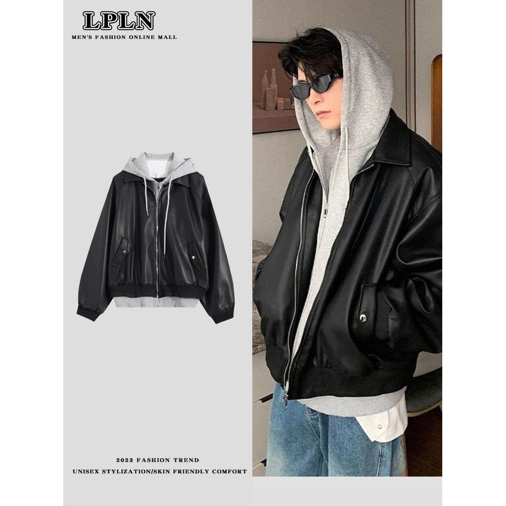 LPLN outono inverno com capuz falso jaqueta de duas peças masculino High-End sentido rufião bonito jaqueta de couro do p