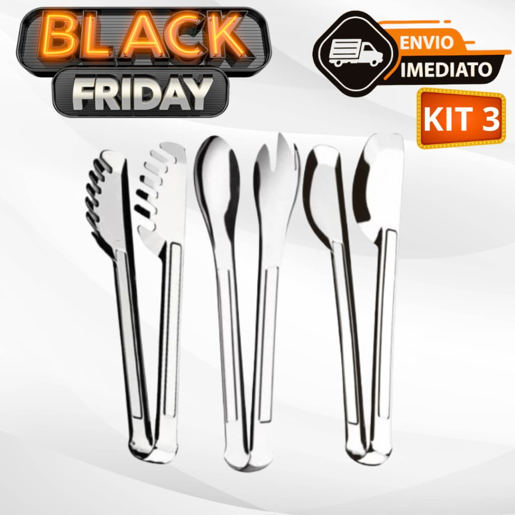 Kit Utensílios de Cozinha 3 Peças 100% Aço Inox Pegadores 29cm de Massa Salada Universal