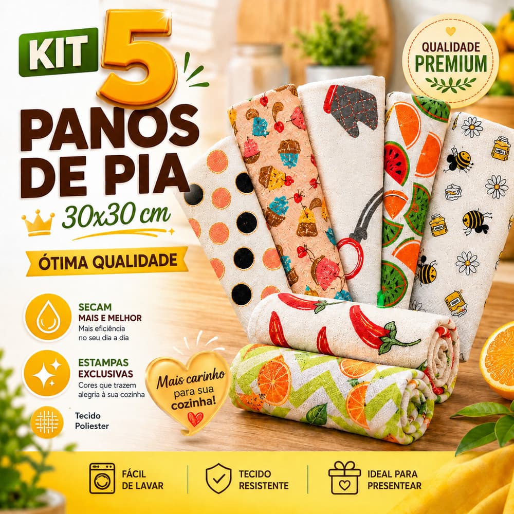 Kit 05 Panos de Pia MultiUso Louça Premium Cores Sortidas