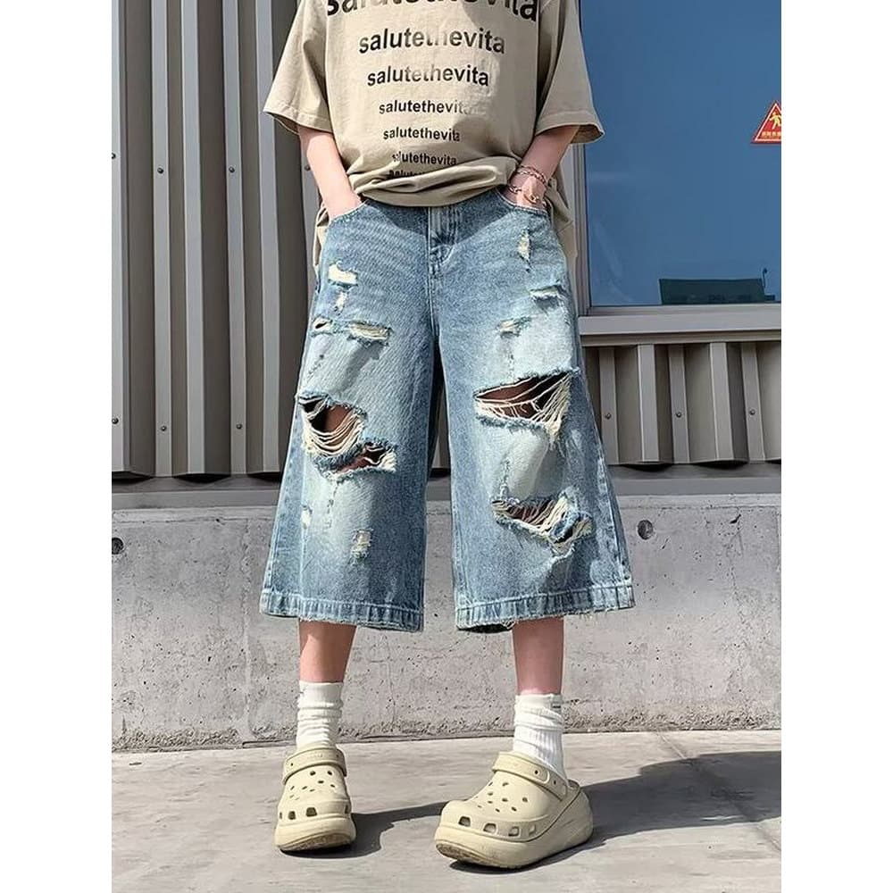 Americano Retro estilo de rua rasgado cortado Jeans masculino verão novo estilo solto rufião bonito em linha reta perna