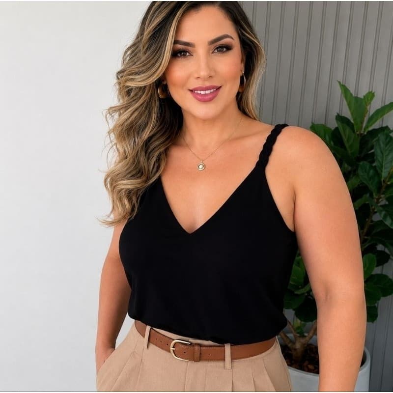REGATA FEMININA ALÇA TRANÇADA TECIDO DUNA NÃO AMASSA SOLTINHA ELEGANTE MODA VERÃO