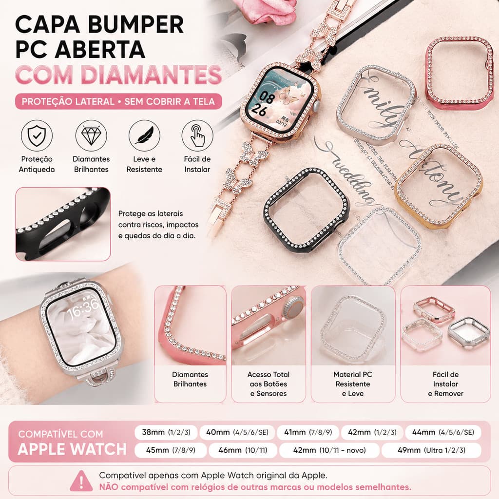 Case Apple Watch com Diamantes Antiqueda PC Aberta Series 11 10 9 8 7 6 5 4 3 2 1 SE 38 40 41 42 44 45 46 49mm