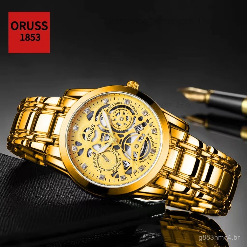 [Presente][Com Caixa] Relógio de Pulso Masculino ORUSS Original de Luxo em Aço Inoxidável Dourado com Calendário, Lumino
