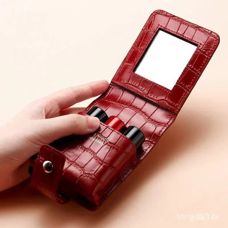 Estojo de Batom em Couro PU com Espelho, Mini Bolsa de Maquiagem Portátil para Viagens Curtas, Fechamento por Botão de P