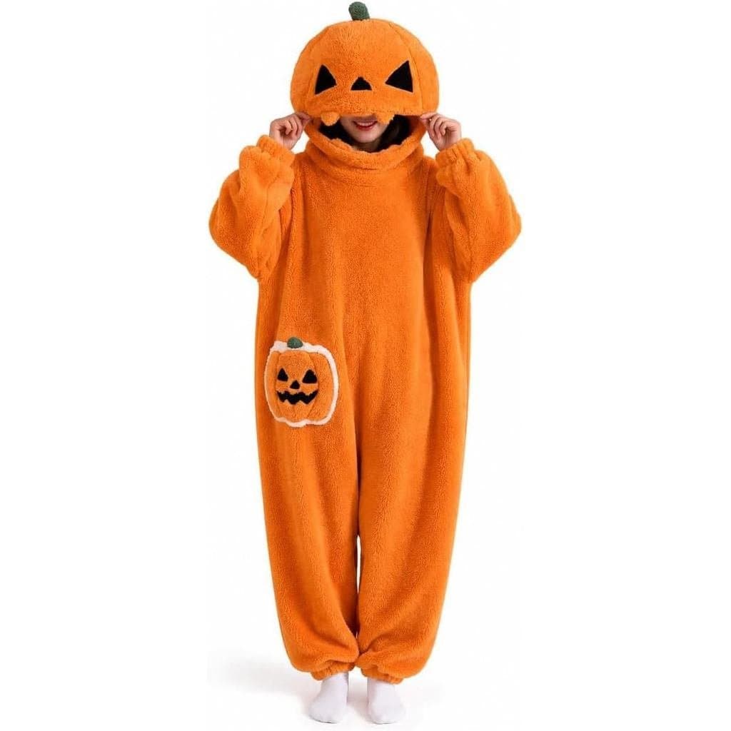 Pijama Macacão de Abóbora de Halloween, Pijama Macacão com Capuz de Abóbora para Adultos, Macacão Unissex de Pelúcia Ult