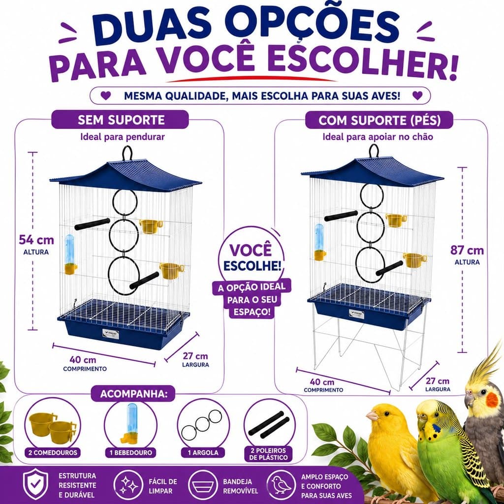 Gaiola ou Viveiro Calopsita CHINESINHA Completa com Acessórios Bebedouro Argolas Vivopet AVES