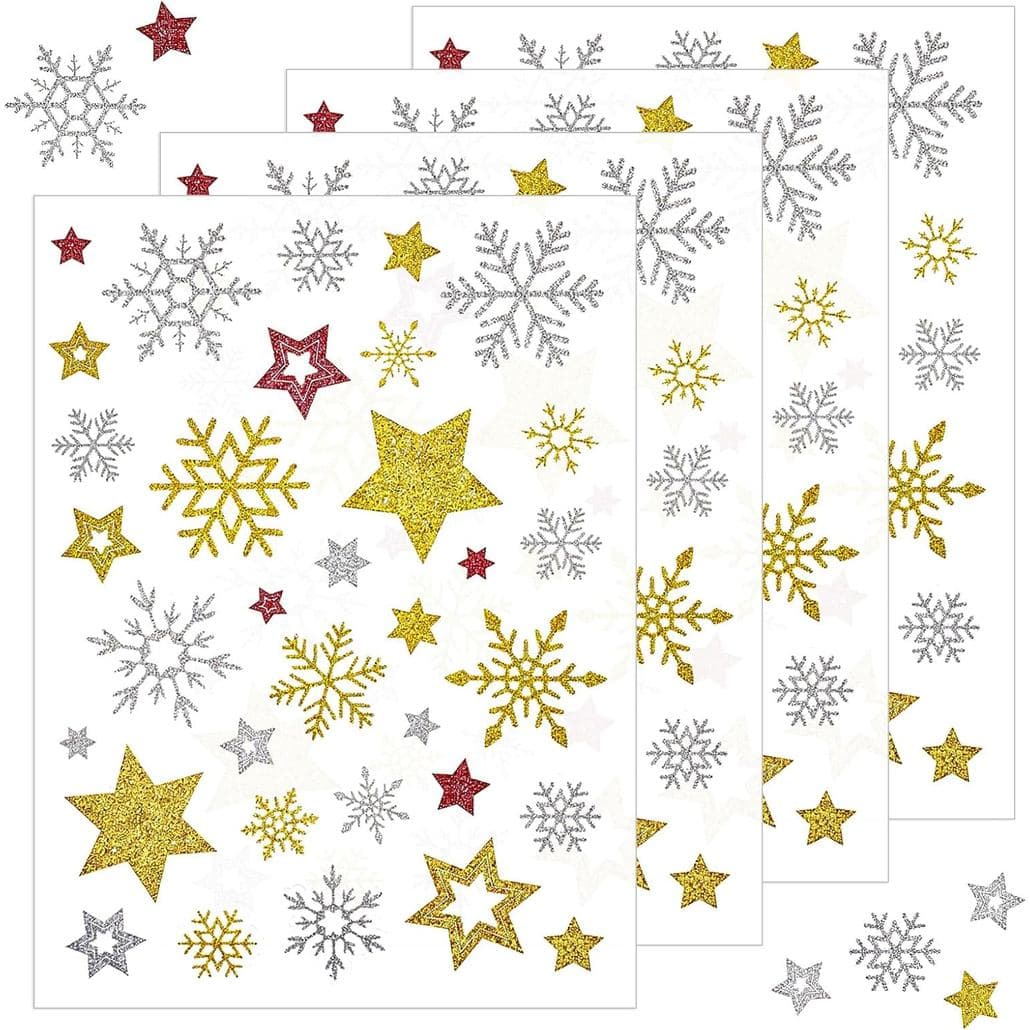 Adesivos de Natal com Glitter, 4 Folhas de Adesivos de Floco de Neve Autoadesivos, Pequenos Adesivos de Estrela e Floco
